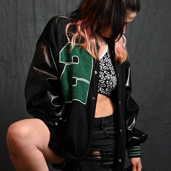 Black and Green Oversized Varsity Baseball Jacket - Picture 2 of 7